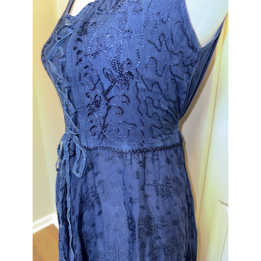 Western Prairie Lace-Up Midi Dress Embroidered Boho Cowgirl Festival - Picture 4 of 10